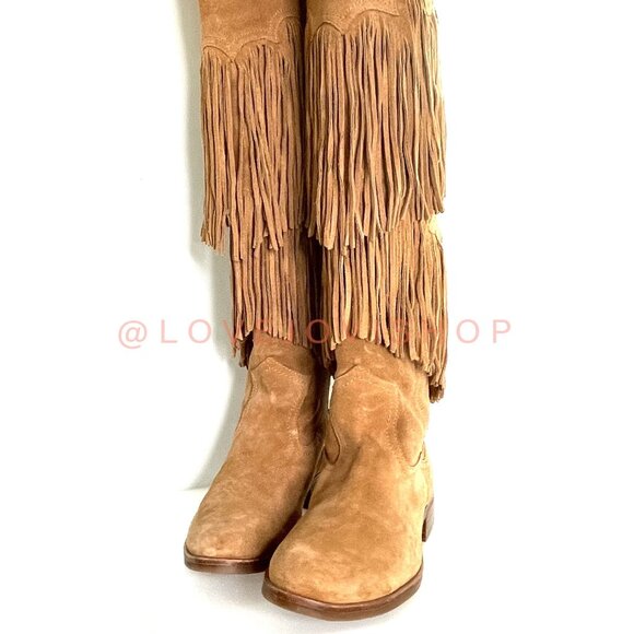 Bohemian | Sam Edelman Over-the-Knee Fringe Boots | Camel Tan Suede Western Tall - Picture 5 of 15